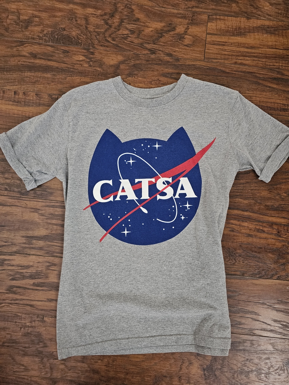 Grey 'CATSA' Space Cat Graphic Tee with Blue & Red Logo